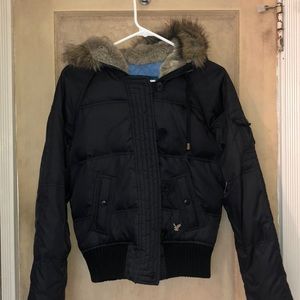 Black winter coat with fur hood